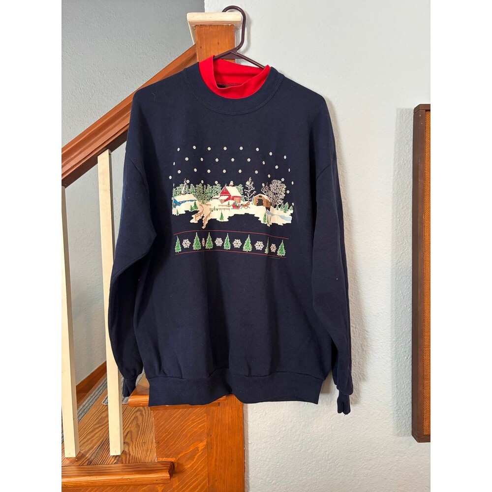 Jerzees winter Christmas sweatshirt XL VTG barn horse village snow grandma